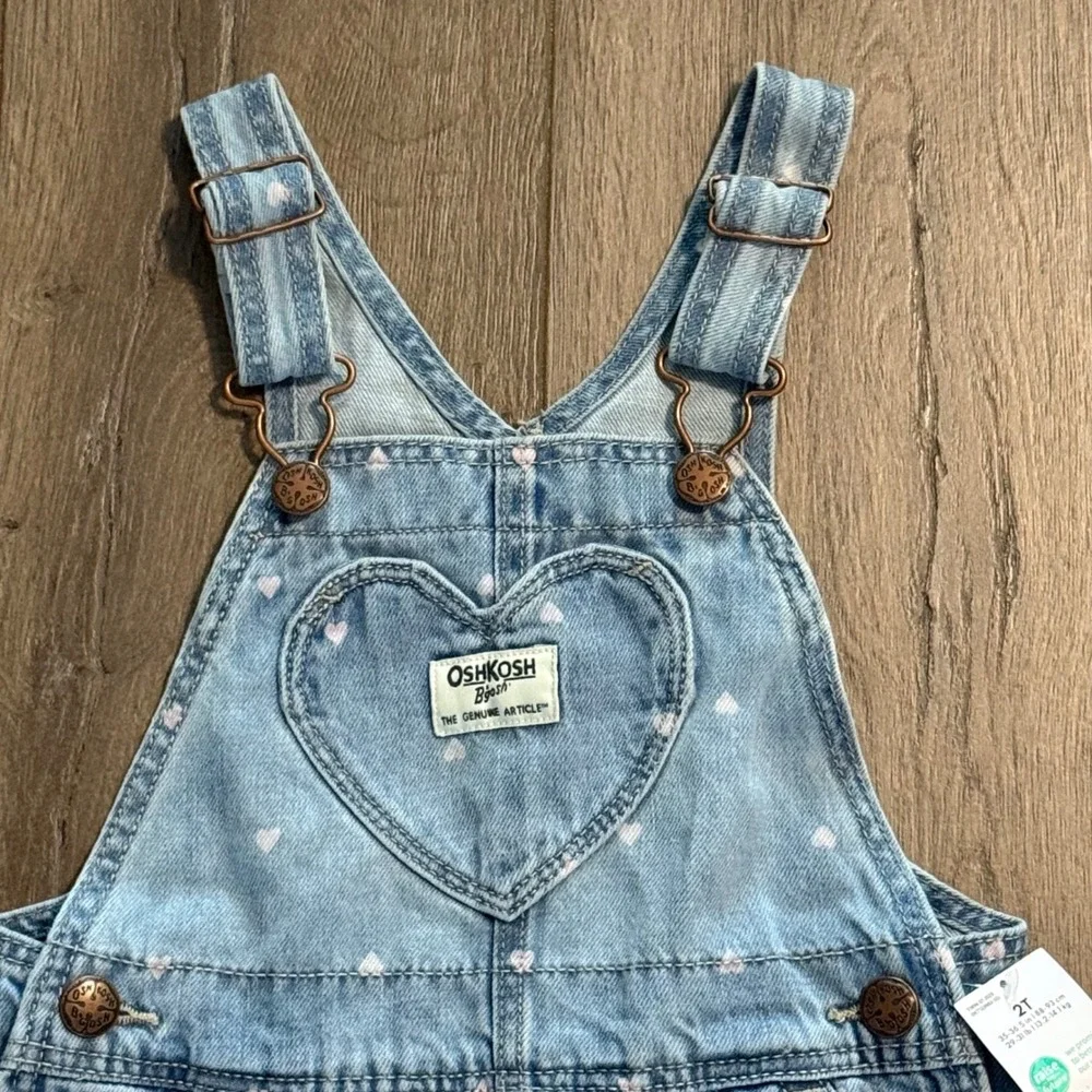 OshKosh Bgosh Girls Heart Print Denim Overalls Light Wash Blue 2T NEW